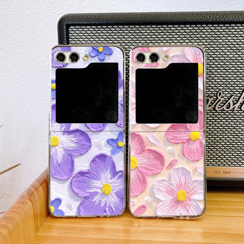 Retro Oil Painting Flower Phone Case For Samsung Galaxy Z Flip 6 5 3 4 Luxury PC Folding Hard Cover For Z Flip 7 Artistic Decor