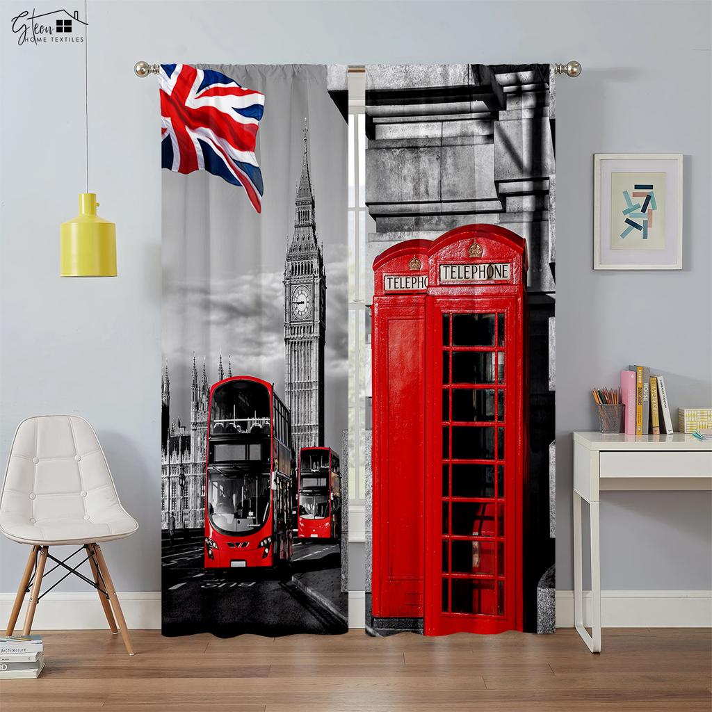 Black And White City Building 3D Printing Curtain Street View Building Red Bus Telephone Booth Simple Modern Decorative Curtain
