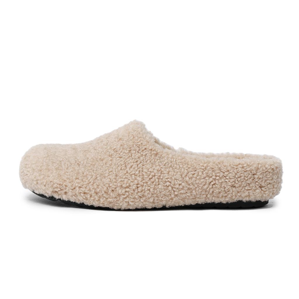 Baotou lazy person one foot half drag hair shoes women wear 2025 autumn and winter flat bottom warm piled thick hair slippers