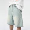 Men's Summer New Product with Splashed Ink Dot Design, Light Blue Washed Five Point Jeans Trend