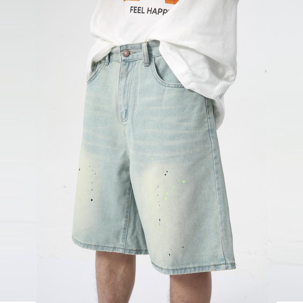 Men's Summer New Product with Splashed Ink Dot Design, Light Blue Washed Five Point Jeans Trend