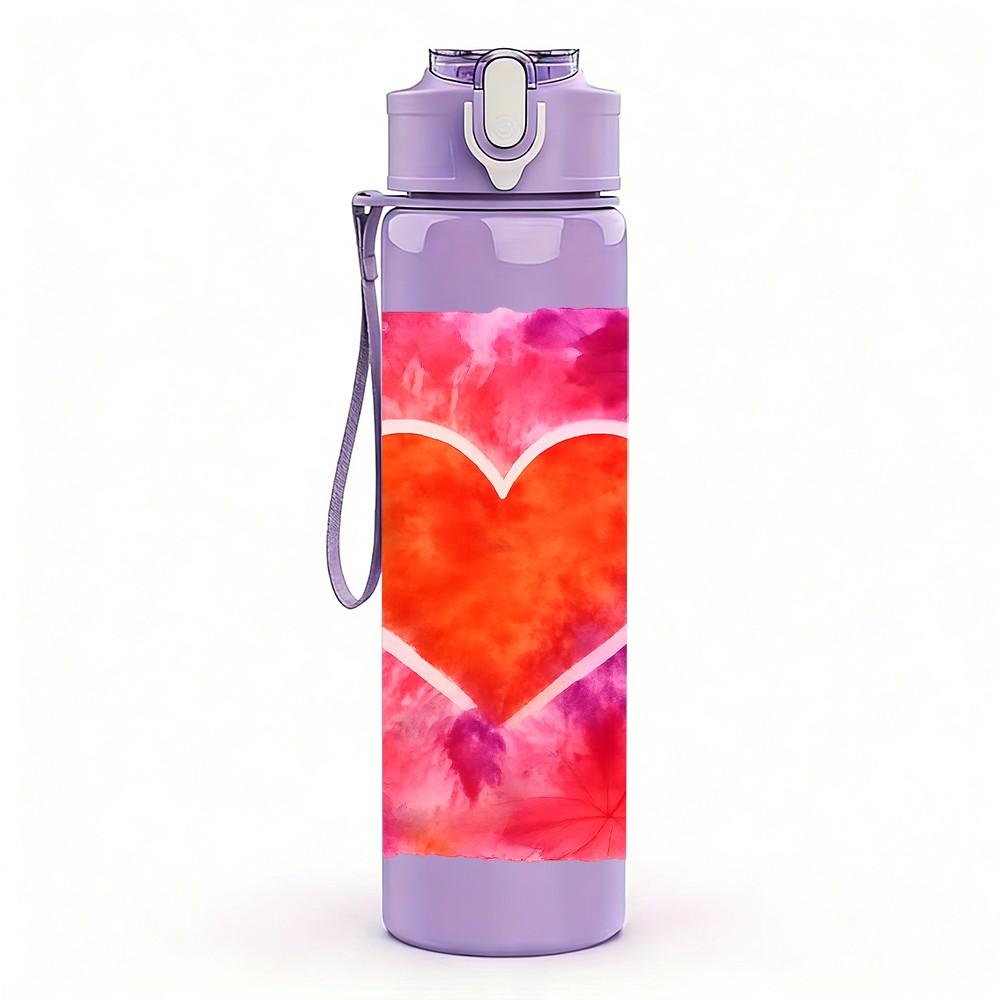 1PC Red Orange Glowing Heart Shape Print 750ml Color Plastic Sports Water Bottle Leakproof Flip Straw Lid Suitable for Sports Office Home Use