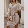 Women Dress  Color V-neck Bandage Lace Patchwork Long Sleeve Evening Dress