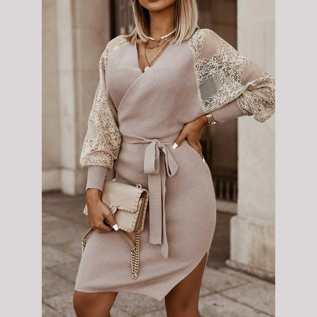 Women Dress  Color V-neck Bandage Lace Patchwork Long Sleeve Evening Dress