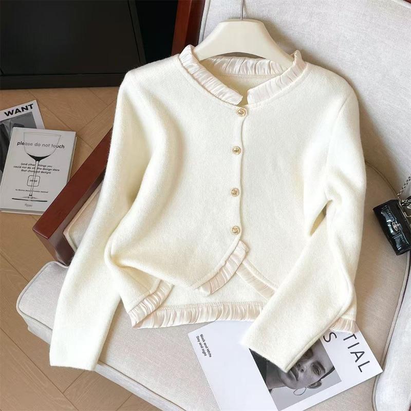 

Осень и зима новая мода фестончатый край вязаный кардиган круглый вырез повседневный универсальный топ женский XL/111-120 белый