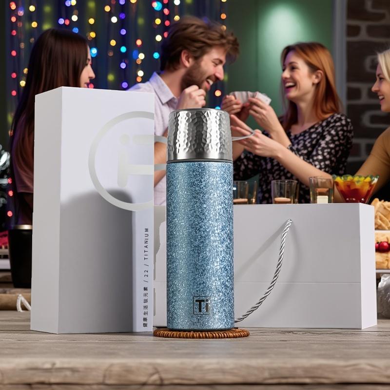 

450ML Titanium Thermal Bottle Double Layer Stainless Steel Insulated Bottle Portable Tea Water Separation Cup Gift Box Packaging 401-500ml синій