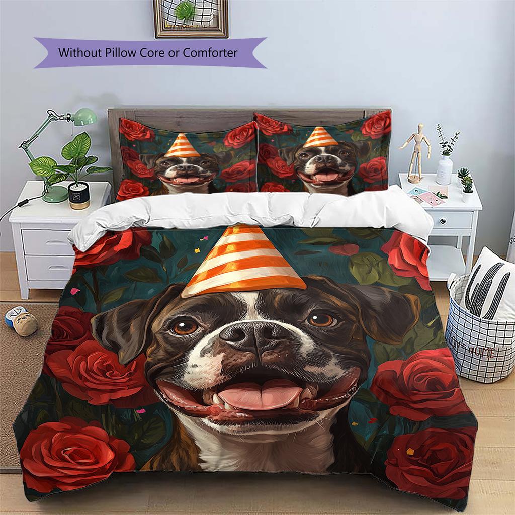 Rose Dog with Birthday Hat Pattern Bedding Quilt Set Home Decoration Gift (1 * duvet cover + 2 * pillowcase without core)