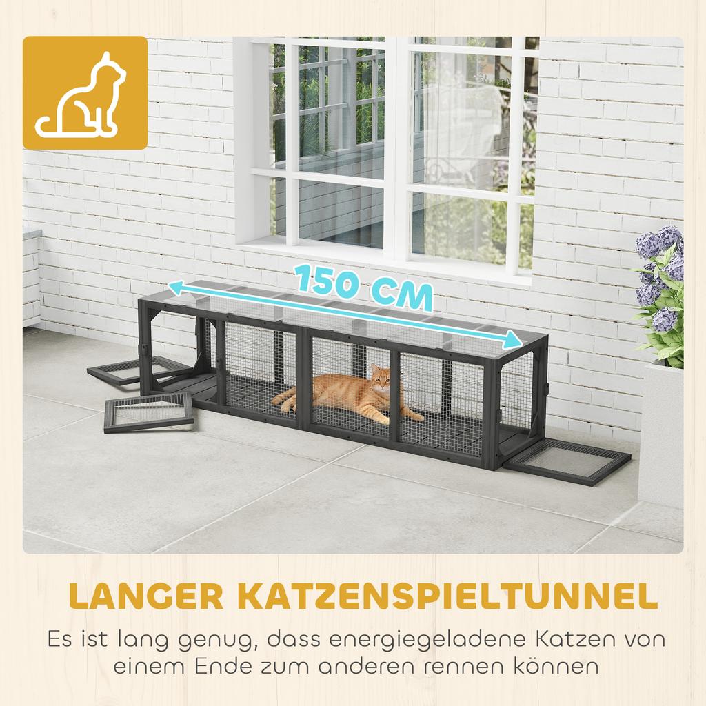 Cat Tunnel Cat Toy Made of Wood with 3 Doors, Expandable Play Tunnel for Cats Up To 10 Kg, 151.5 X 38.5 Cm Grey