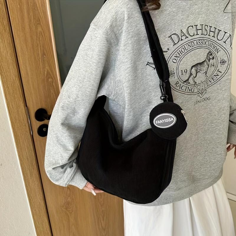 Large Capacity Corduroy Chic Crossbody Bag for Women - Adjustable Strap, Solid Color, Casual Dumpling Design with Zip Closure