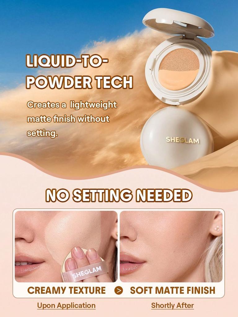SHEGLAM Lock Go Cushion Soft Pore Coverage Shell & Long-Lasting Foundation, Matte, Lightweight, Waterproof, -
