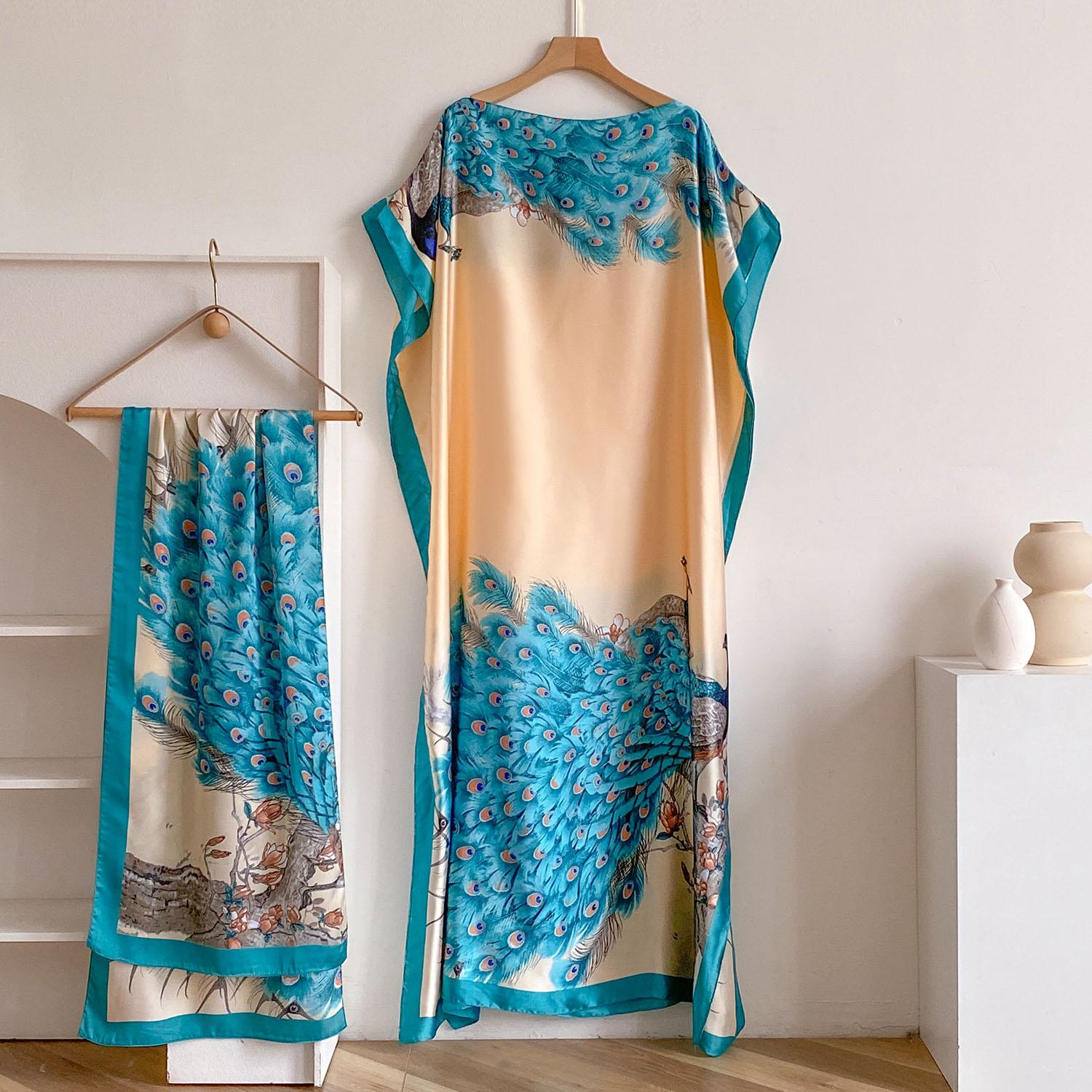 Mode Blumenmuster Satin Design Langes Kleid Übergröße Berühmt Locker Sommer Sonnenschutz Schal Für Dame/Frauen gray