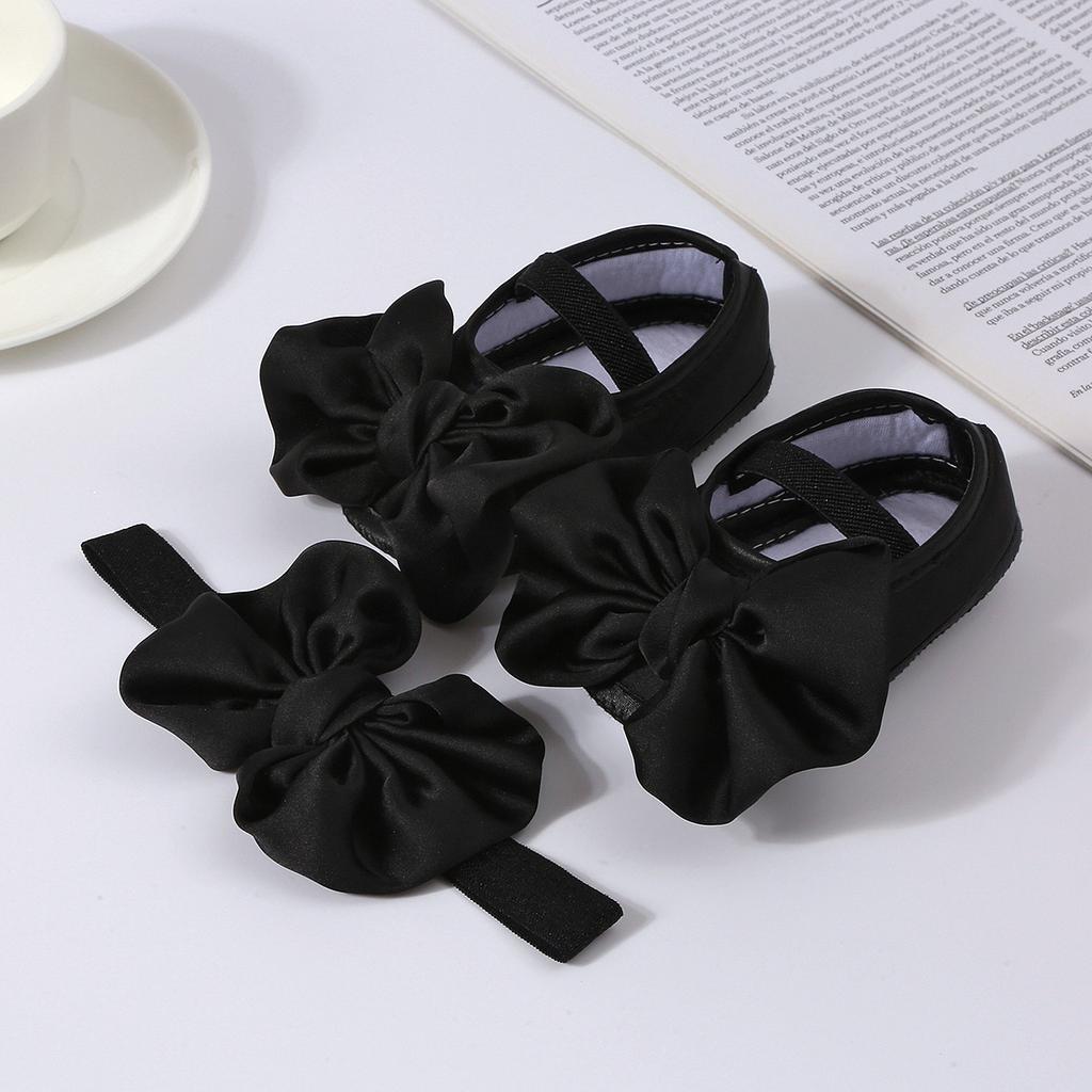 Girls Solid Color First Walkers Shoes & Big Bow Headband Set - Soft Sole Non-slip Toddler Shoes with Grip Dots