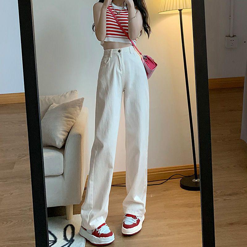 

Women s High-Waisted White Wide-Leg Jeans - Lightweight, Petite, Floor-Length, Straight Cut for Summer and Early Autumn S белый