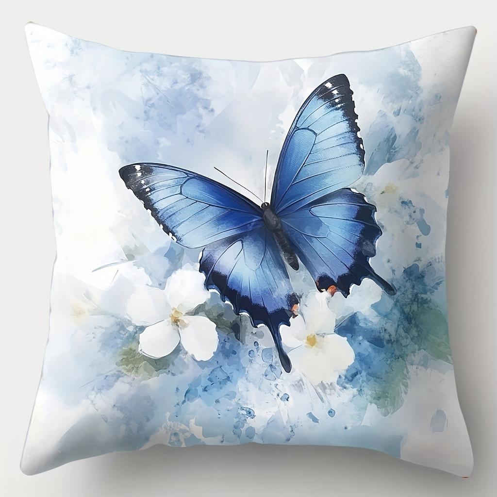 Blue Dancing Butterfly Print Home Decor Pillowcase Bedroom Living Room Sofa Decoration Polyester Cushion Cover with Zipper