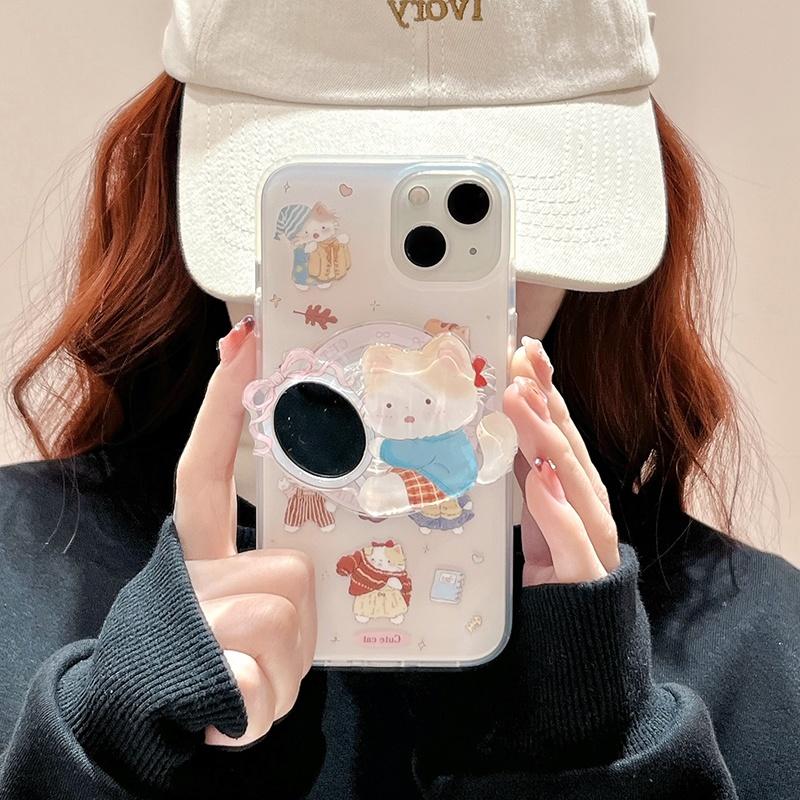 Korean Cute Kitten Puppy For Magsafe Magnetic Phone Grip Tok Griptok Stand For iPhone 16 Wireless Charging Case Ring Holder