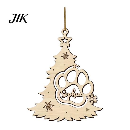 Creative Wooden Pet Pendants Wood Christmas Tree Pendant with Paw Print, Hollow Engraved Hanging Holiday Gifts for Lovers Ornament, Rustic Style Craft