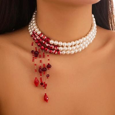 Multilayer Vintage Red Blood Pattern Imitation Pearl Tassel Pendant Necklace For Women Goth Bead Chain Halloween Jewelry