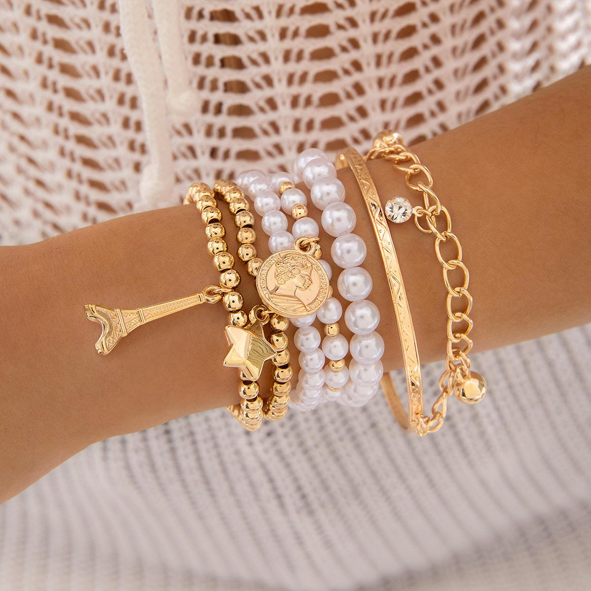

European And American Fashion Love Imitation Multi-Layer Pearl Bracelet Set Temperament Advanced Sense Beaded Ins Style