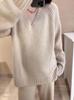 European V-Neck 100% Wool Sweater - Stylish, Loose-Fit Pullover for Autumn/Winter, Casual & Fashionable Women's Wear