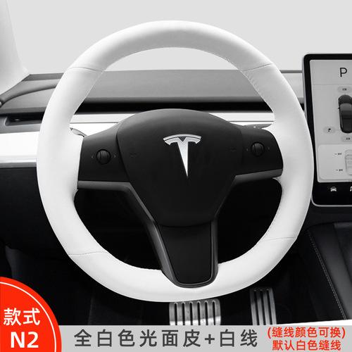 Hand Stitched black white Genuine Leather suede car Steering Wheel Cover For Tesla Model 3 2015-2021 Model Y 2019-2021