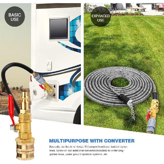 Dual Purpose Winterize Adapter with Quick Plug&3/4" GHT Thread, Brass Made Winterizing Quick Fitting with Ball Valve, Easy Blow Out Water To