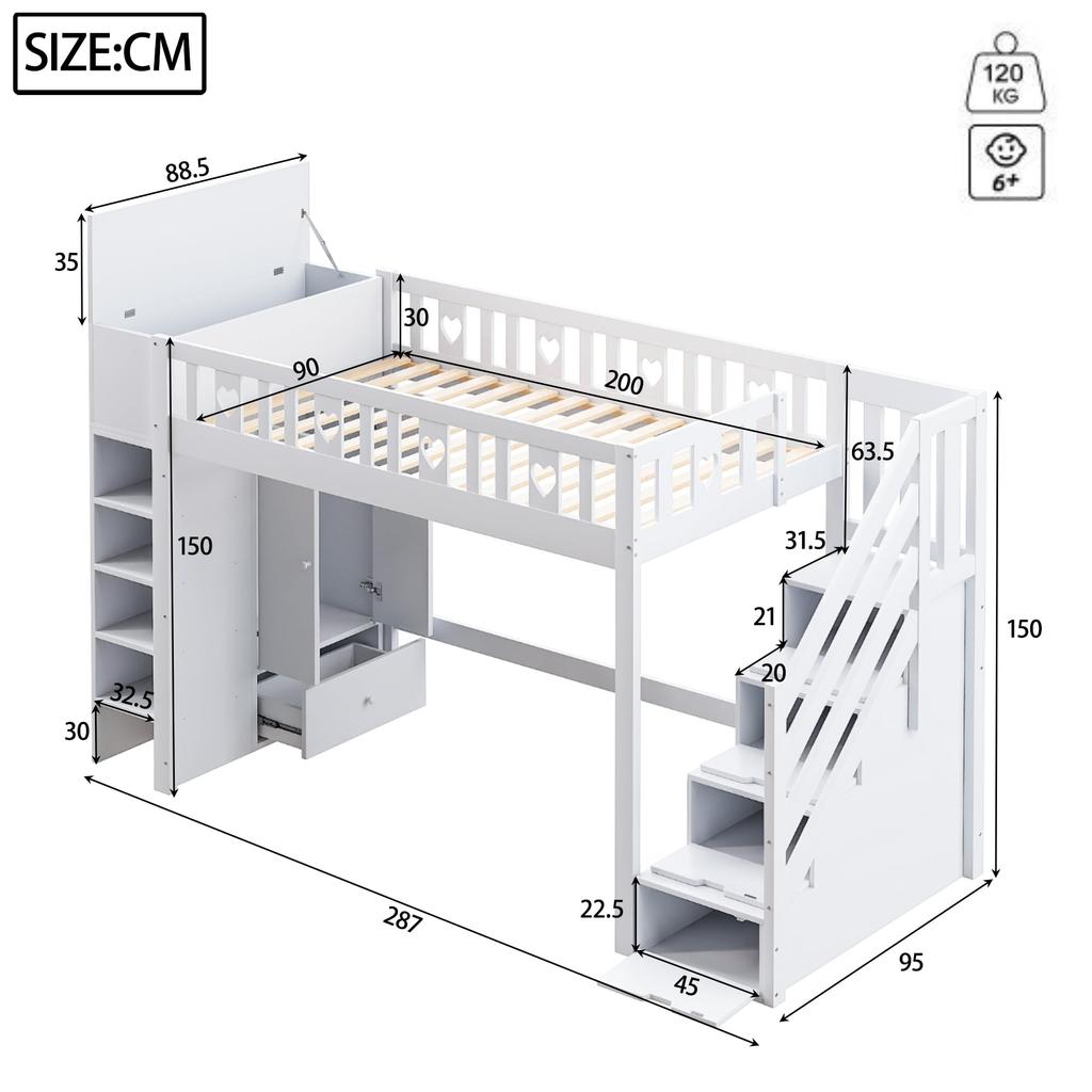 Hochbett 90x200, Kinderbett Ablageleiter, Herz-Geländer, Stauraum, klappbarer Stauschrank/Regale, Weiß (ohne Matratze)