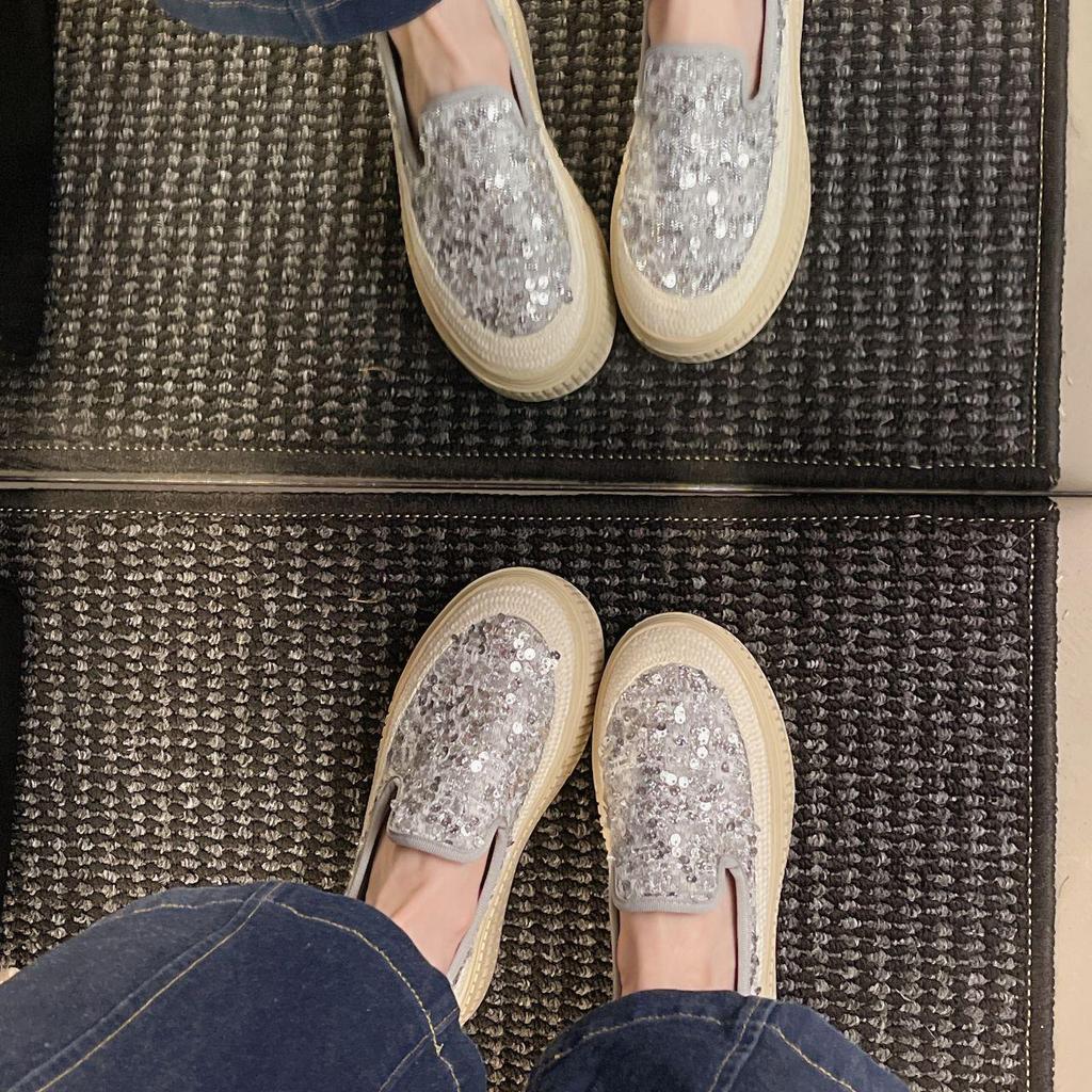 Korean Style Women's Summer Mesh Sequin Loafers - Breathable Slip-on with Thick Sole