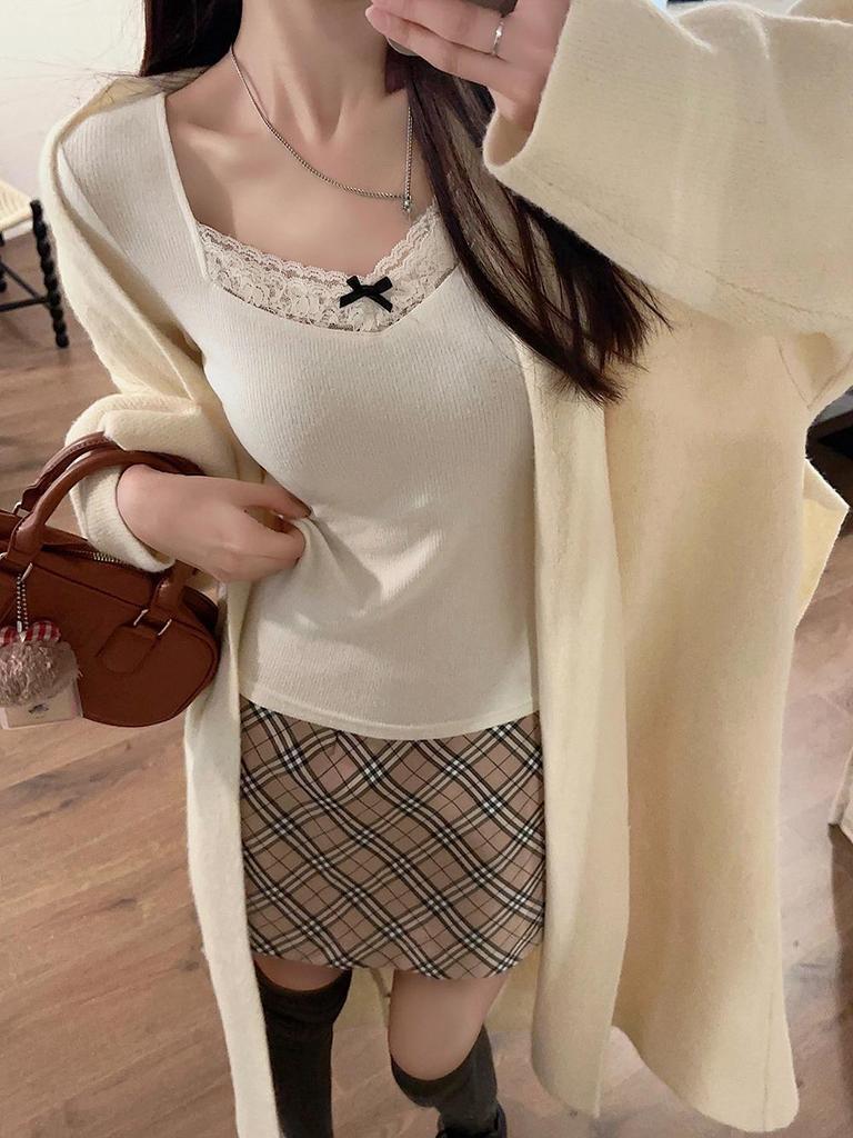 Gray Lace-Stitched Long Sleeve Top: 2024 Spring/Autumn Niche Women's Shirt