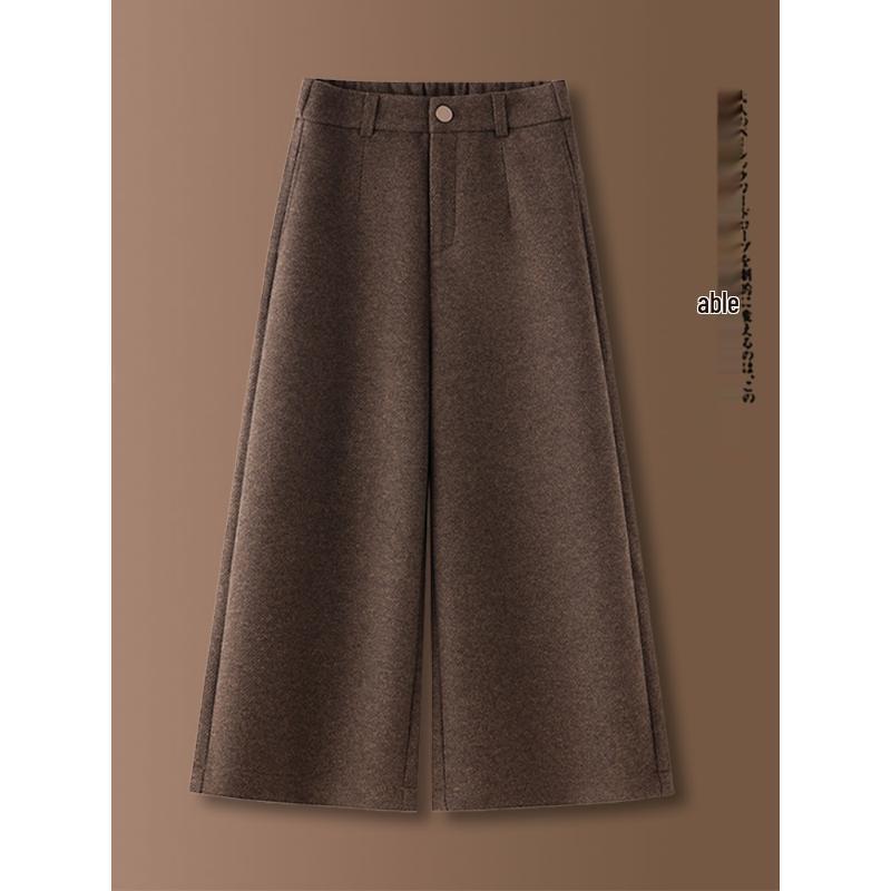 Coffee-Colored Fleece-Lined Wool Blend Wide-Leg Petite Pants - New Style, Thickened, Eight-Tenths Length, Cashmere Straight-Leg for Women.