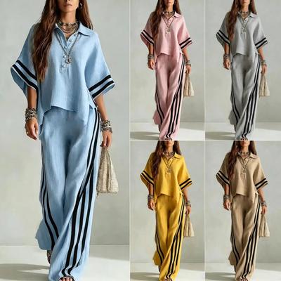 Women's Casual Short Sleeve Button Down Top with Wide Leg Pants Lounge Set