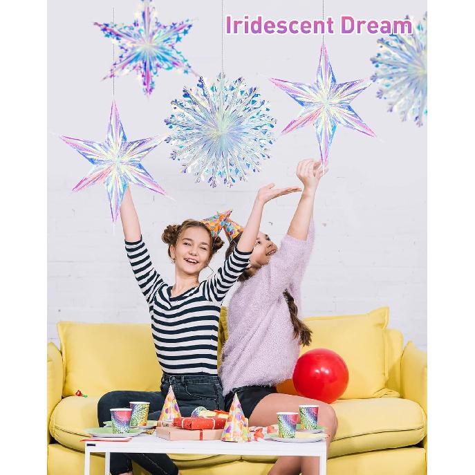 3PCS Iridescent Decoration Ornaments Hanging Decorations, Iridescent Snowflakes Fan, Starry Snowflake, Hexagram Stars Garland for Home Decorations