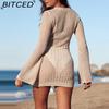 BITCED Women's Summer Knit Long-Sleeved Beach Cover-Up Sun-Protective Lace-Up Knit Dress