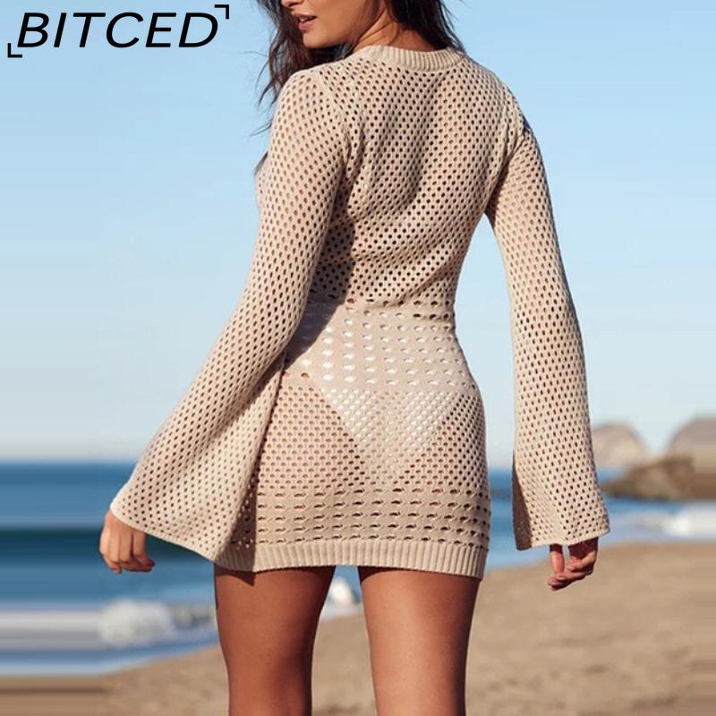 BITCED Women's Summer Knit Long-Sleeved Beach Cover-Up Sun-Protective Lace-Up Knit Dress