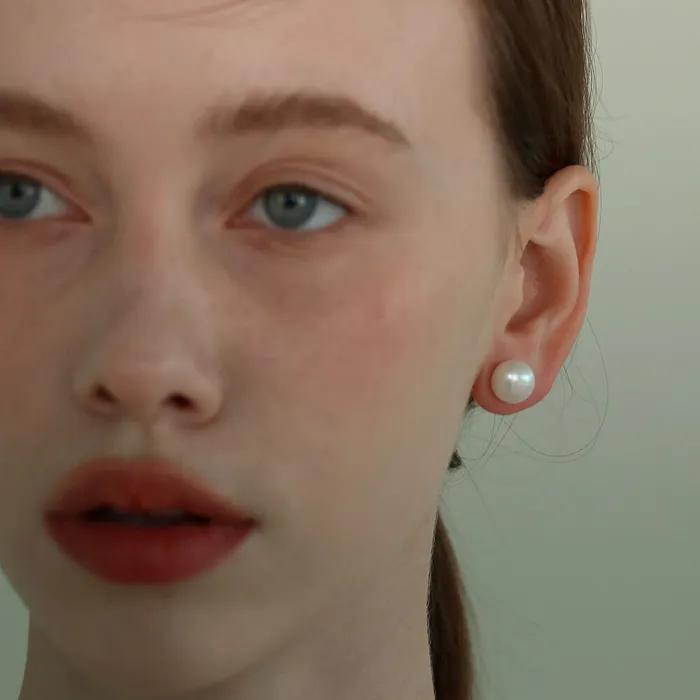 [Silver 925][Freshwater Pearl] Button Pearl Earring