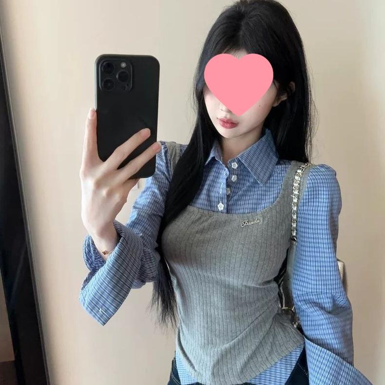 Women's Plaid Layered Shirt: Trendy College Style, Age-Reducing Two-Piece for Autumn/Winter, Featuring Inner Vest and Base Layer.