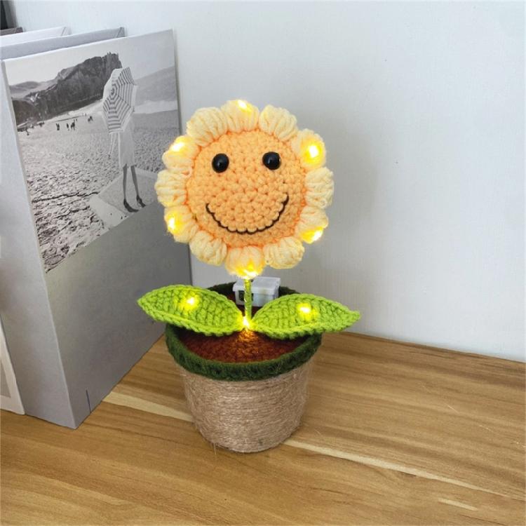 Crocheted Smiling Sunflowers Potted Plant Home Decors Ornament with LED Light for Mother Day Teacher Appreciation Gift