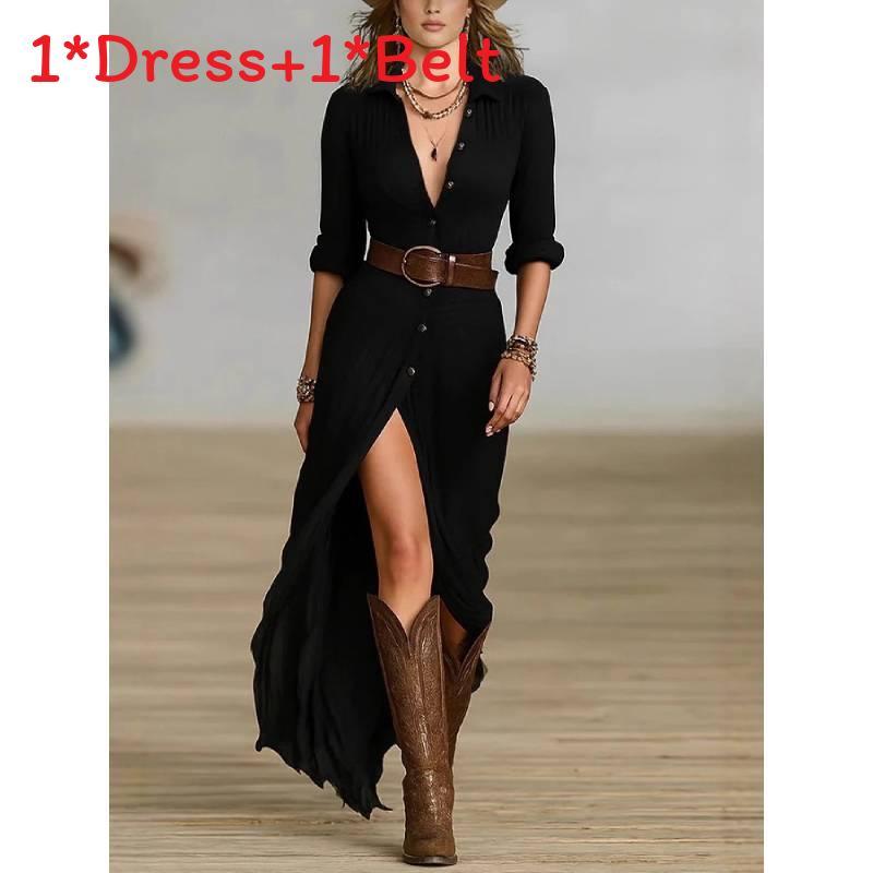 Elegante Vintage Franse Stijl V-hals Jurk met Tailleband en Lange Mouwen voor Kantoor en Casual