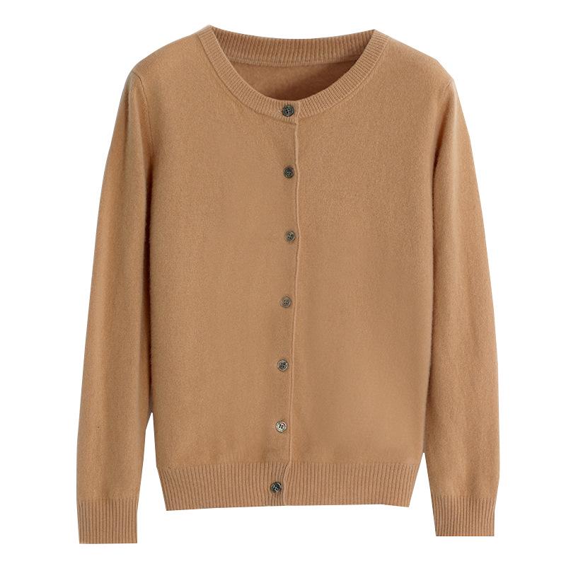 2023 Autumn/Winter Women's Korean-Style Camel Cardigan, Round Neck, Single-Breasted Knit Sweater.