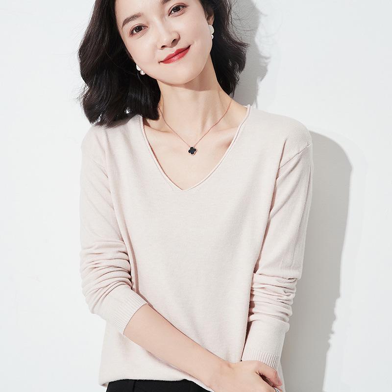 Autumn/Winter Women's Wool Sweater: Round & V-Neck, Rolled Edge, Long Sleeve, Thin Knit Top