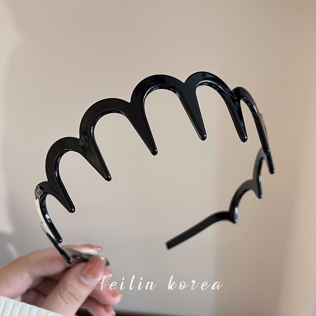 Black Flocked Big Wave Headband with Tooth Comb for Washing Face, Headband for Tidying Up Hair, Hairpin and Headdress
