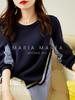 Maria Marfa Switch Sweatshirt Pullover Light No Long Navy Loose Everyday Korean Docking Mixed-Material Blouse, Striped, Spring/Summer, Stylish, Cool,