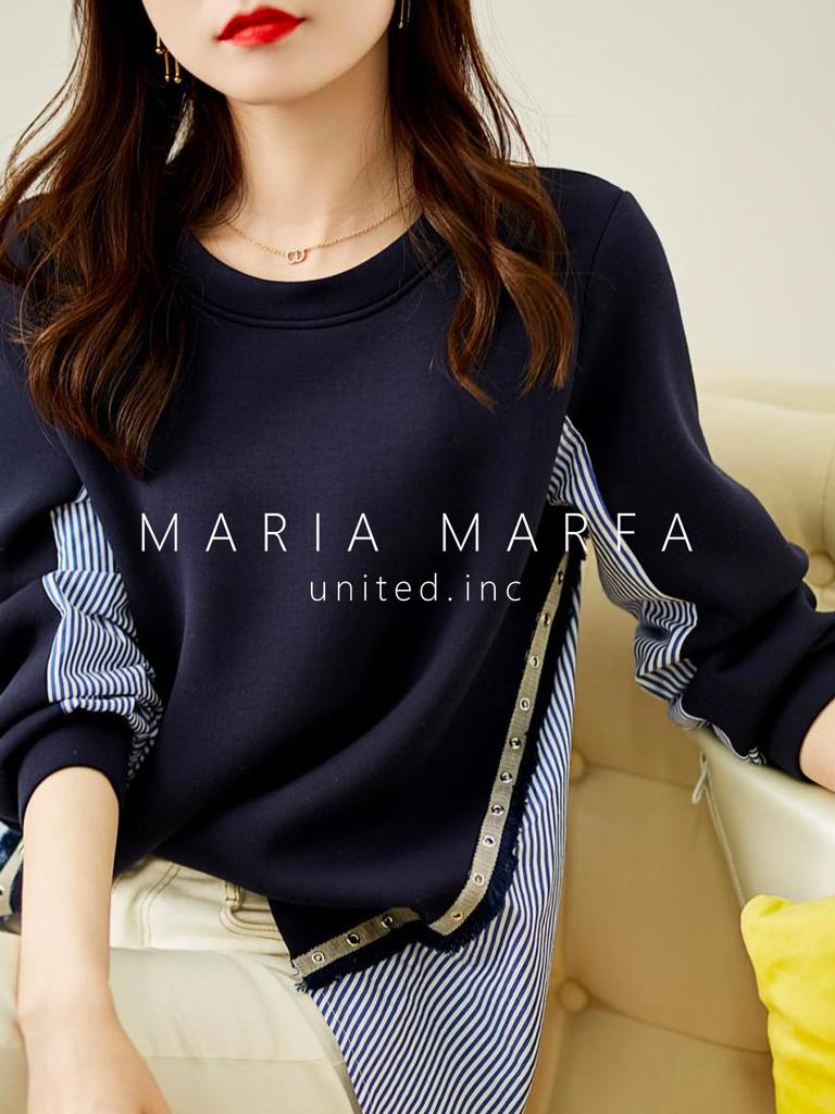 Maria Marfa Switch Sweatshirt Pullover Light No Long Navy Loose Everyday Korean Docking Mixed-Material Blouse, Striped, Spring/Summer, Stylish, Cool,