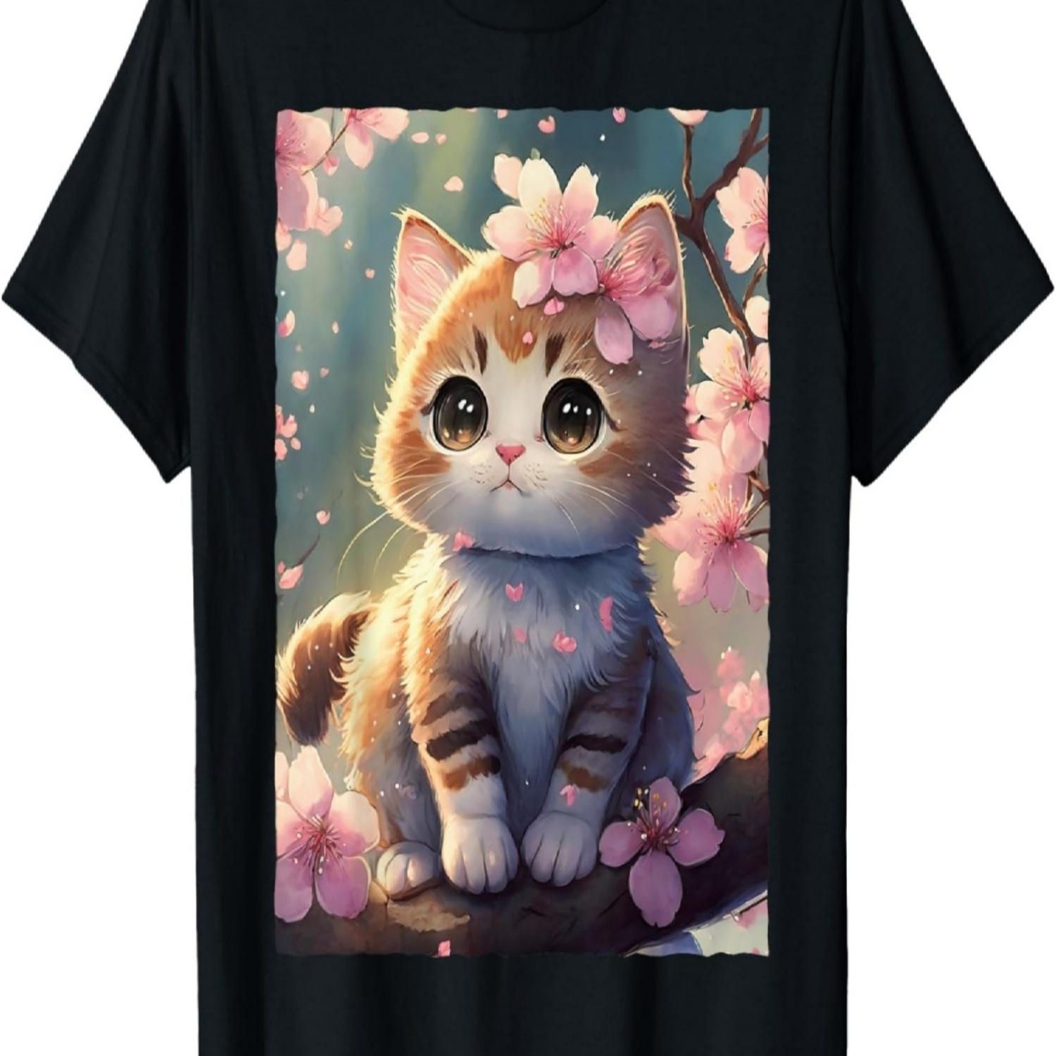 Cute Kawaii Cat with Cherry Blossom T-Shirt(7) S чёрный