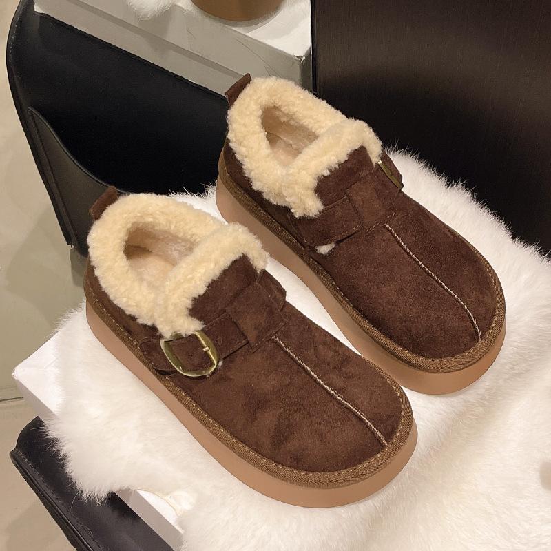 

Биркенштоки на толстой подошве 2025 зима новые женские бархатные нескользящие теплые пушистые хлопковые туфли на плоской подошве туфли-хлебцы хлопковые туфли 40 темно-коричневого