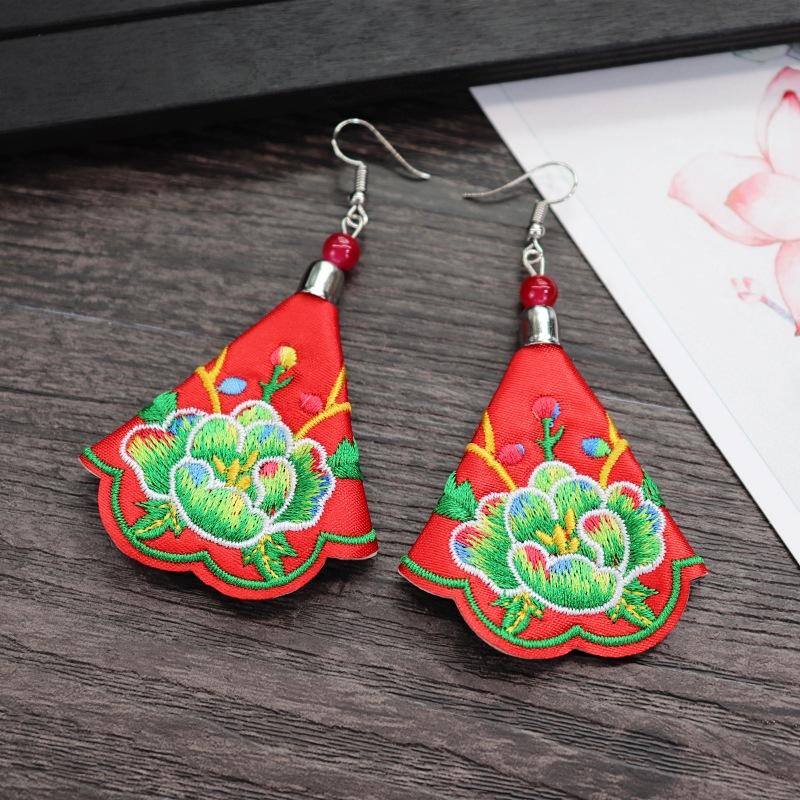 Retro hand-embroidered fabric earrings female long flower fringed versatile temperament performance earrings earrings