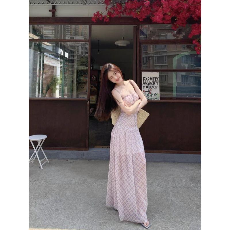 Kumikumi Gyaru Style Pattern Pleat Sling Dress Women Summer Niche Chic Waist Hugging A- Line Skirt Long Dress