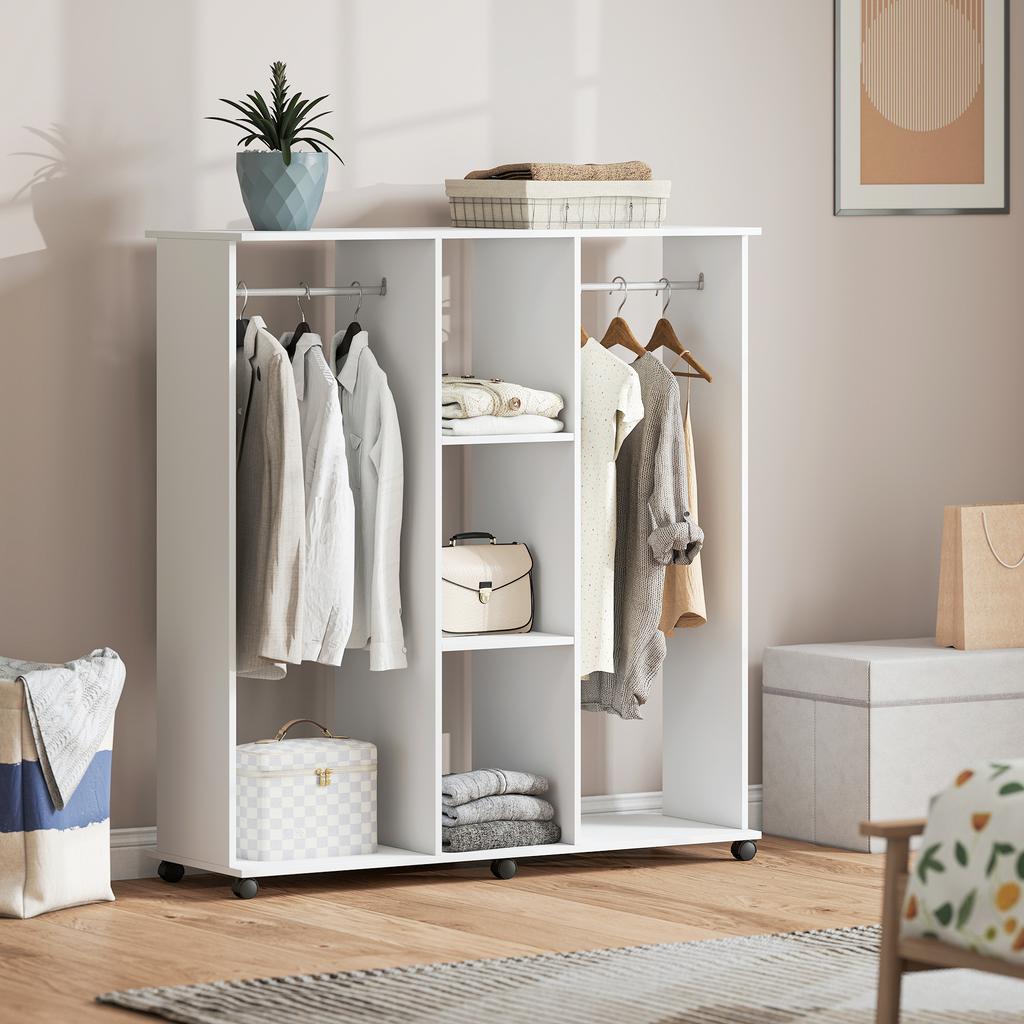 Wardrobe Closet Mobile Storage Furniture 6 Wheels 120 X 40 X 128 Cm In White Wood