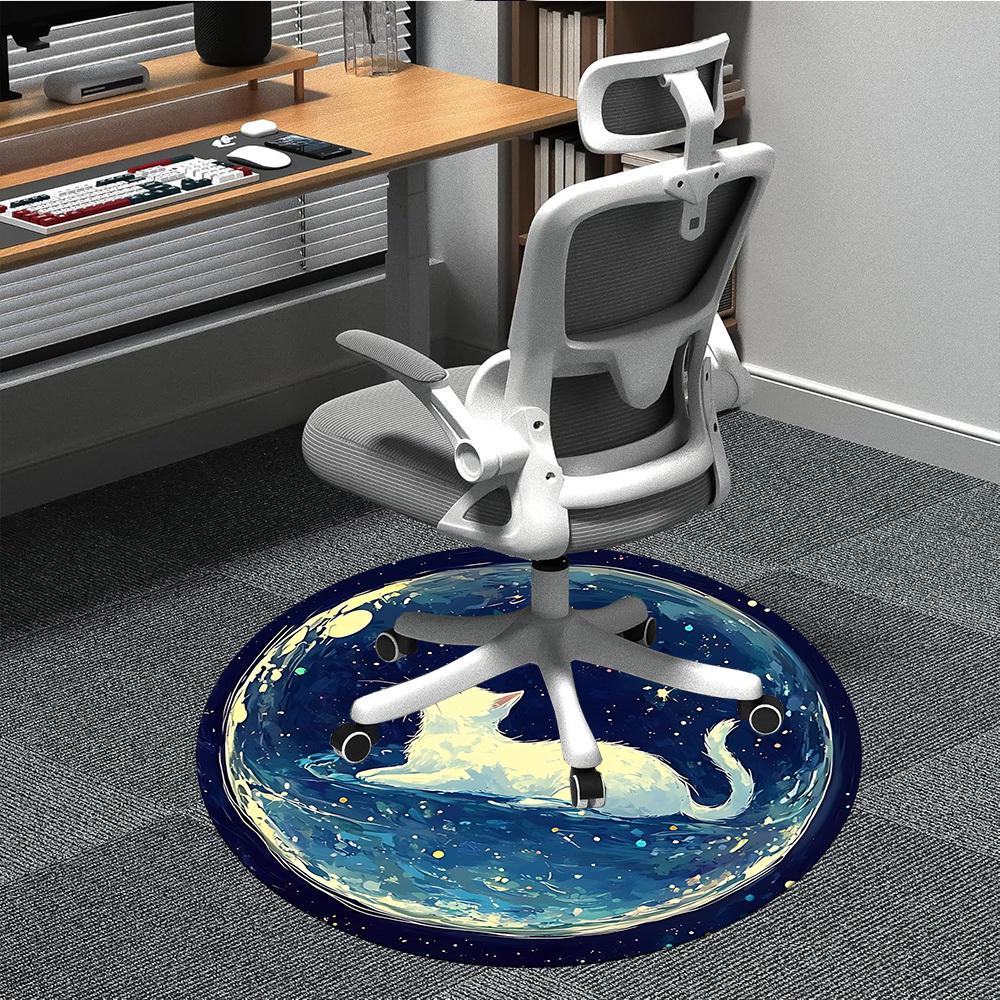 1PC Galaxy Cat Office Round Area Rug, Mat Suitable For Office, Under Office Chairs Bedroom Living Room Home Decor, Room Deco