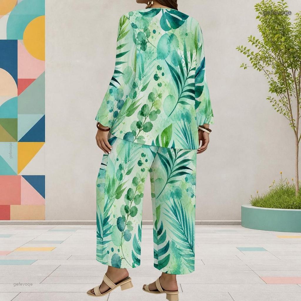 Women Plus Size Two Piece Set Round Neck Long Sleeve Printed Layered Top Green Blue Wide Leg Cropped Pants