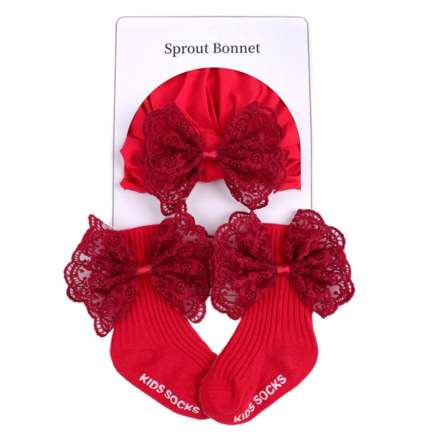 Pure Cotton Baby Girl Hat & Sock Set - Breathable Lace Trim with Bow, Perfect for Spring & Autumn. Super Cute!